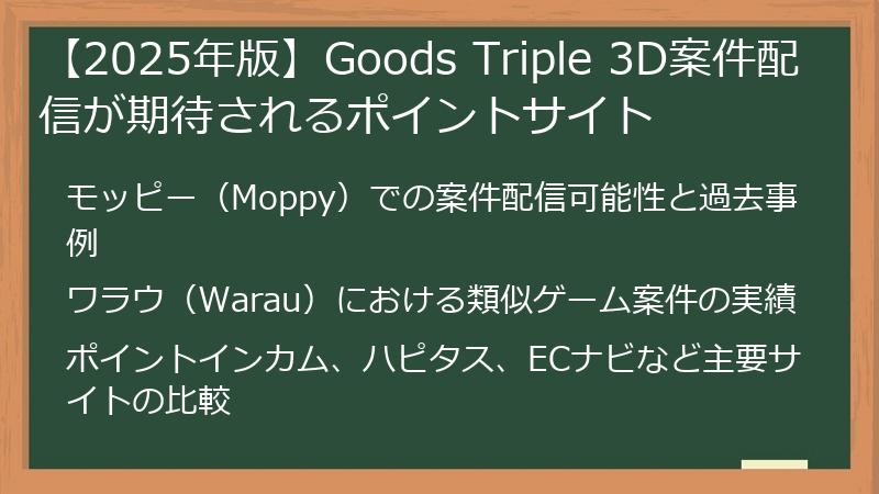 【2025年版】Goods Triple 3D案件配信が期待されるポイントサイト