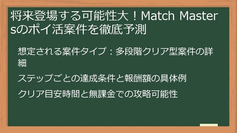 将来登場する可能性大！Match Mastersのポイ活案件を徹底予測