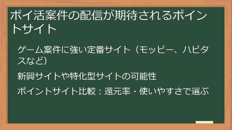 ポイ活案件の配信が期待されるポイントサイト
