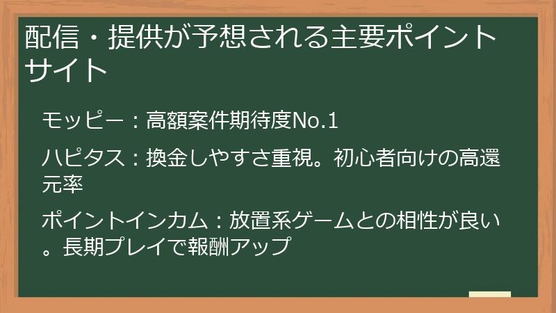 配信・提供が予想される主要ポイントサイト