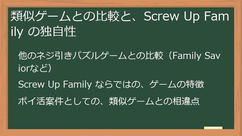 類似ゲームとの比較と、Screw Up Family の独自性