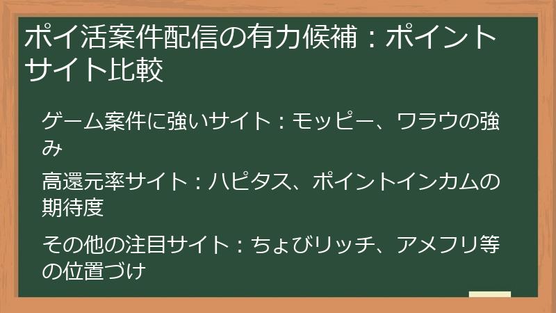 ポイ活案件配信の有力候補：ポイントサイト比較