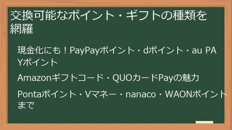 交換可能なポイント・ギフトの種類を網羅