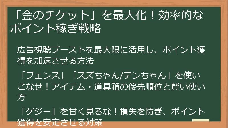 「金のチケット」を最大化！効率的なポイント稼ぎ戦略