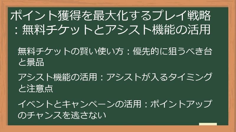 ポイント獲得を最大化するプレイ戦略：無料チケットとアシスト機能の活用