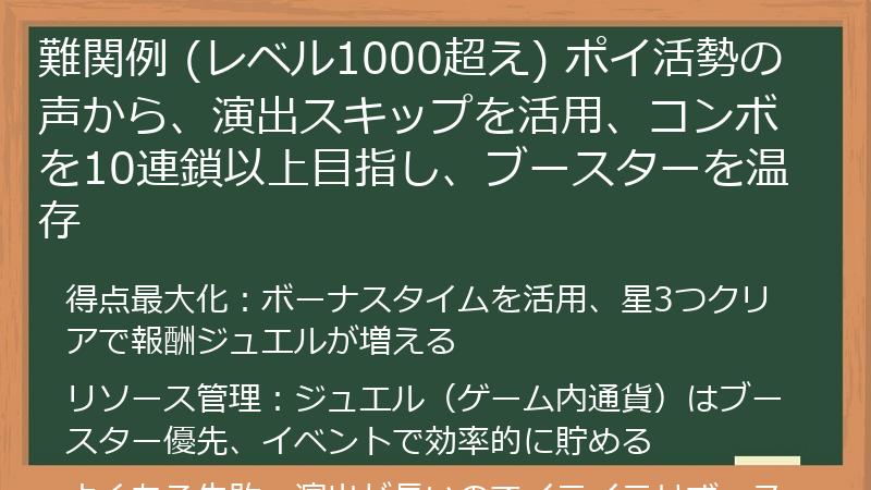 難関例 (レベル1000超え) ポイ活勢の声から、演出スキップを活用、コンボを10連鎖以上目指し、ブースターを温存