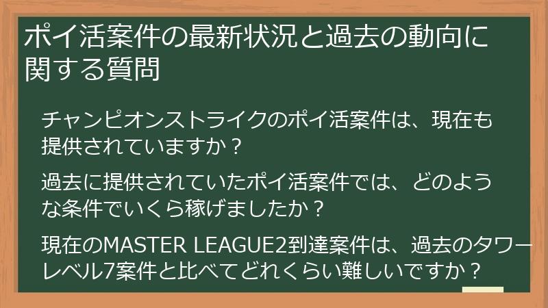 ポイ活案件の最新状況と過去の動向に関する質問
