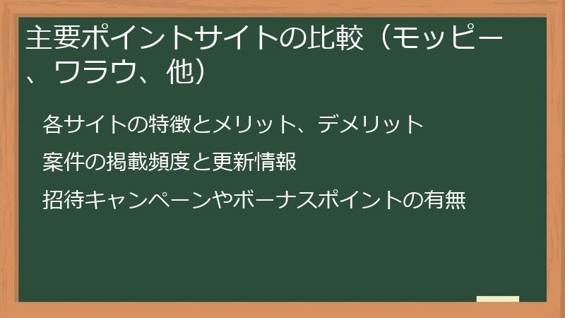 主要ポイントサイトの比較(モッピー、ワラウ、他)