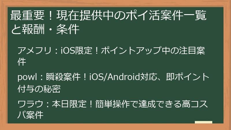 最重要!現在提供中のポイ活案件一覧と報酬・条件