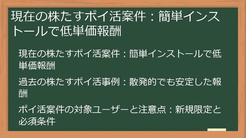 現在の株たすポイ活案件:簡単インストールで低単価報酬