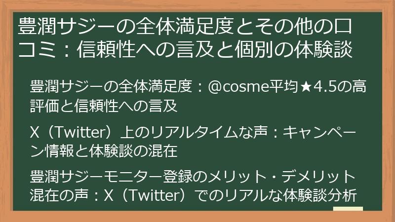 豊潤サジーの全体満足度とその他の口コミ：信頼性への言及と個別の体験談