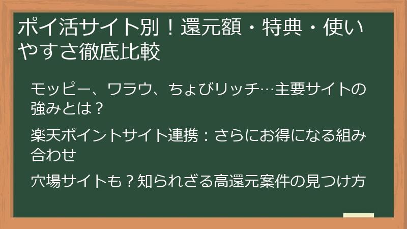 ポイ活サイト別！還元額・特典・使いやすさ徹底比較