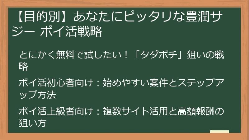 【目的別】あなたにピッタリな豊潤サジー ポイ活戦略
