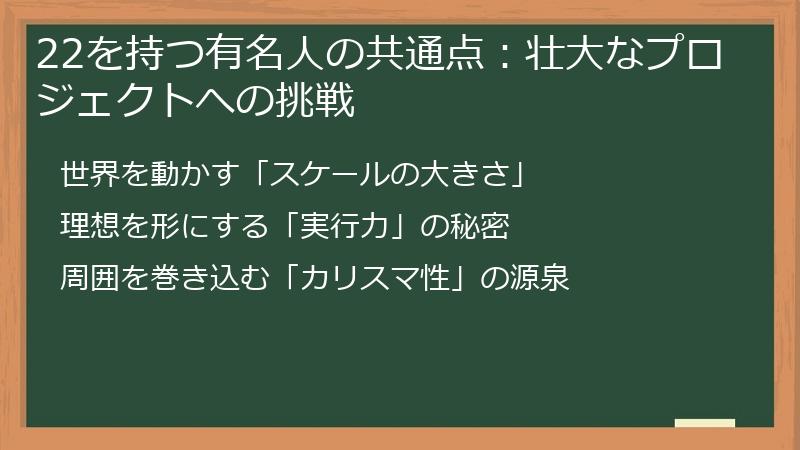 22を持つ有名人の共通点：壮大なプロジェクトへの挑戦
