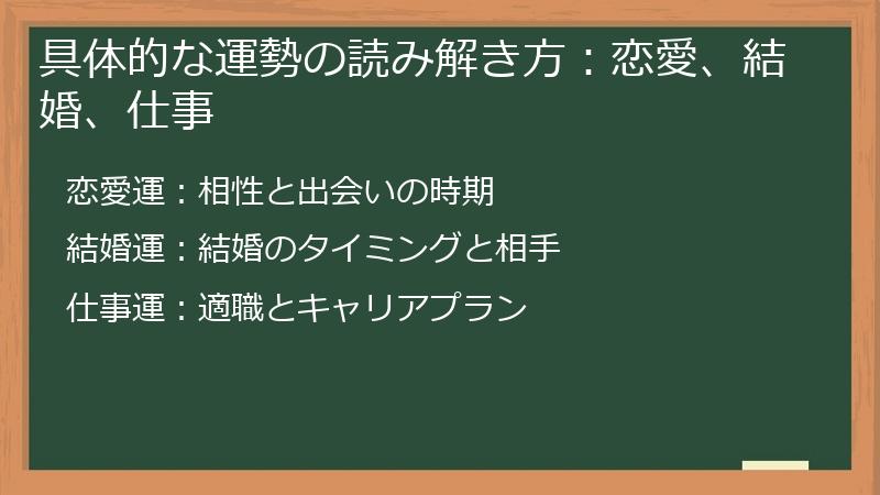 具体的な運勢の読み解き方：恋愛、結婚、仕事