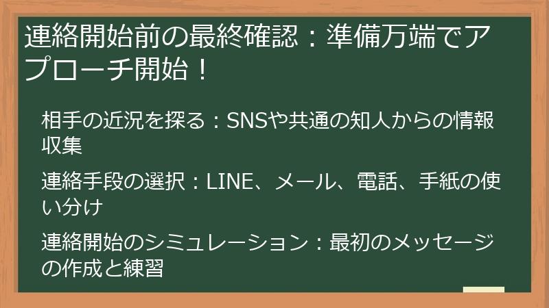 連絡開始前の最終確認：準備万端でアプローチ開始！