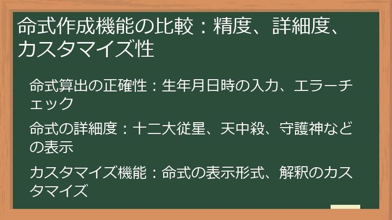 命式作成機能の比較：精度、詳細度、カスタマイズ性