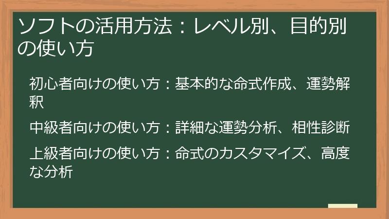 ソフトの活用方法:レベル別、目的別の使い方