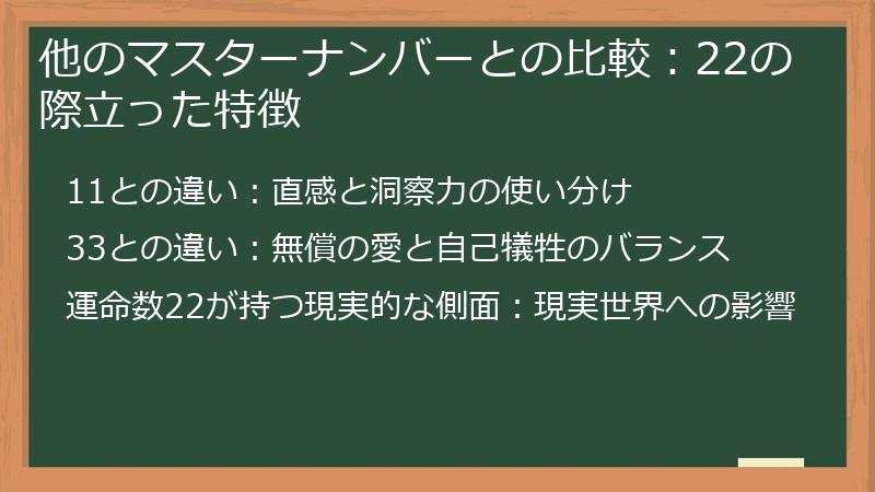 他のマスターナンバーとの比較：22の際立った特徴