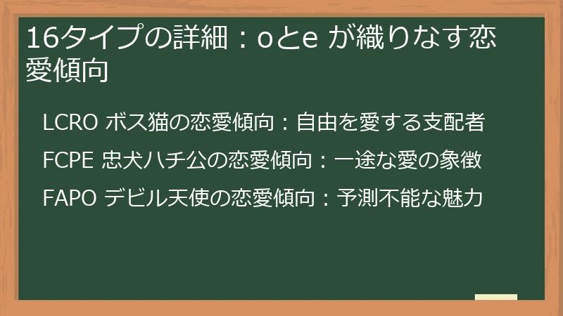 16タイプの詳細：oとe が織りなす恋愛傾向