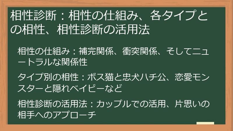相性診断：相性の仕組み、各タイプとの相性、相性診断の活用法