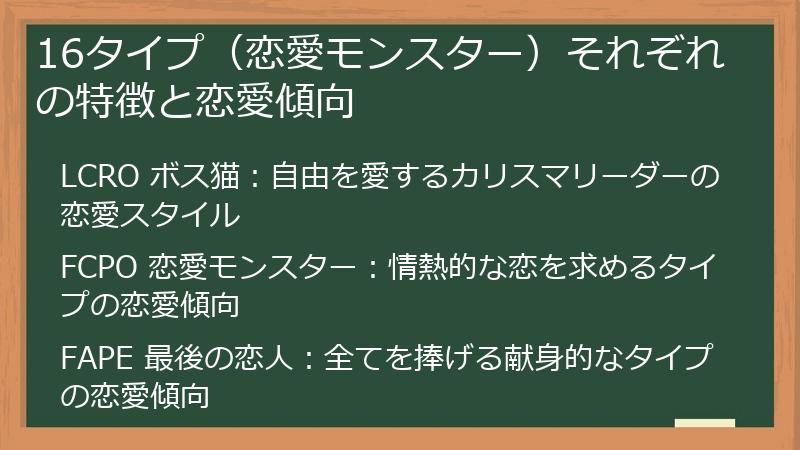16タイプ（恋愛モンスター）それぞれの特徴と恋愛傾向